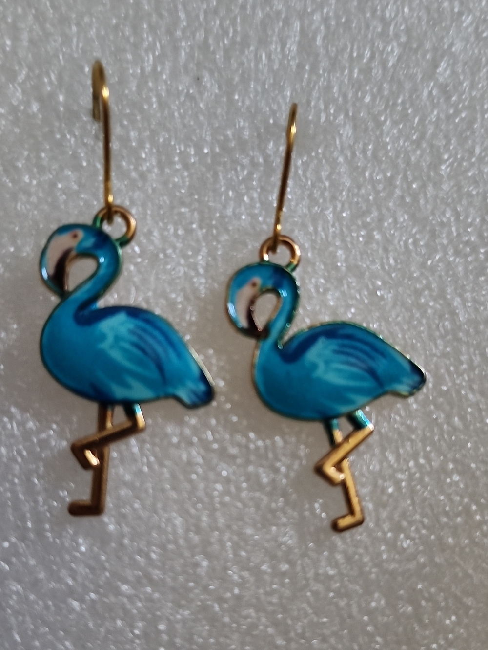 Hand Crafted Blue Flamingo Drop Earrings with Gold Accents